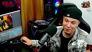 Gih Spanik puts redhead on all fours on podcast table