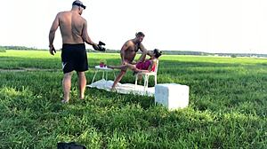 Blonde teen amateur rides cock in cowgirl position backstage, getting hardcore fucked by skinny guy in backroom