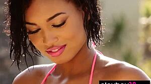 all natural ebony babe stripping by the pool outdoor 😍