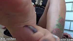 teen gives footjob and handjob to big dildo