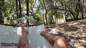 Misscreamy Naked In Park Hammock, Touched Until Cum With People Around!