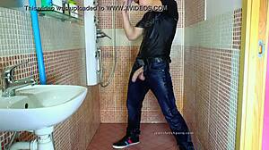 Intriguing gay shower scene with jeans and fetish elements lasting three minutes
