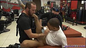 Detailed scene of police officer giving blowjob to gay robbery suspect during apprehension