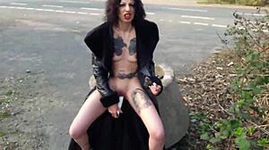 Whore Pisses And Masturbates With Dildo On Public Street!