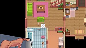 in hentai game, instructor gives blowjob while fairy shows huge ass in bathroom