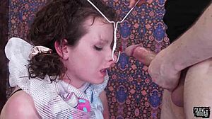 Brunette submissive licks master's ass before cum shower in bathing