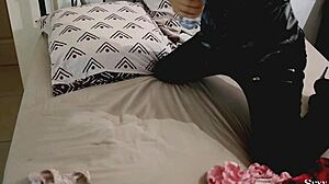 french amateur in green leather pants gets doggy style pov with ass licking, blowjob, and spanking