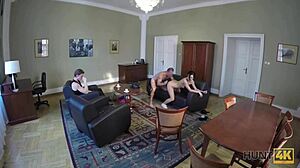 Boy watches his girl earn cash with intimate acts