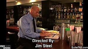 hottie long haired gay gives blowjob to bald guy at work, cumshot included