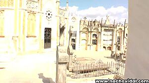 Jakelyn strokes nacho's cock in public before licking it clean