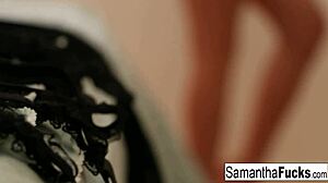 Bombshell Samantha Teases with Sexy Solo Masturbation in Lingerie