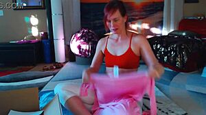 Mature redhead wife tries on dress and unboxes