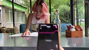 skinny girl walks city with vibrator inside