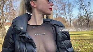 Blonde Beauty Flashes in Public Park