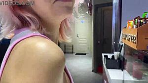 Dirty talking amateur blonde walks around the city with a vibrator in her ass