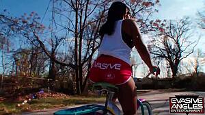 I see evasive angles as she attracts a tattooed thug who takes her home to suck his dick before plunging in and busting on her chest