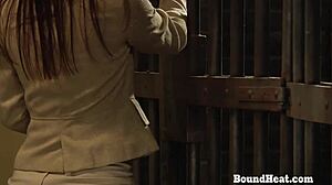 Lesbian slave in prison sniffs panties and fingers herself