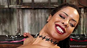 Interracial lesbian strap-on slams into gaping anal hole hard