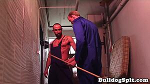 Hunky dom assfucks british stud doggystyle!