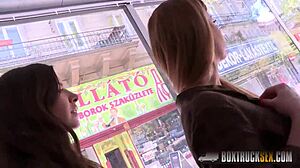 Lesbian seduces straight girl for wild public massage at BoxTruckSex