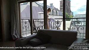 Public balcony action with barely legal teen Sera Ann