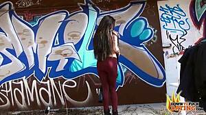 Nerdy slut Lullu Gun in interracial outdoor threesome.