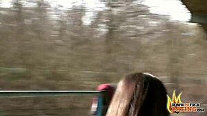 Nerdy slut Lullu Gun in interracial outdoor threesome.