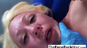 cute blonde chick’s face wrecked hard by two massive cocks