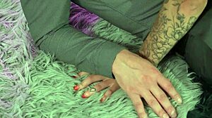 want to see my lover lick my pussy by the fire? tattooed babe in black stockings asks.