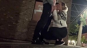 wife caught giving risky blowjob in public bar with huge cock