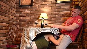 Crazy hot girl sucks cock under table in public cafe