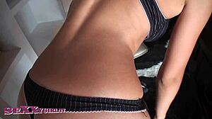 the office slut eagerly sucks german guy's cock, getting facial cumshot in leggings.