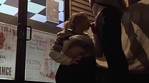 wife caught giving risky blowjob in public bar with huge cock