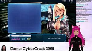lewdneko the vtuber plays cybercrush 2069, flashing big tits in hentai game