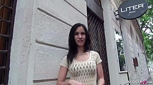 So this German scout just picks up an 18+ teen on the street. Next thing, she's getting deepthroat action outdoors for cash!