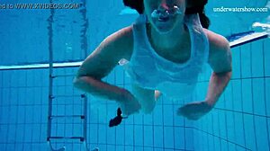 Horny teen gets naked fast by the pool, showing her tight pussy