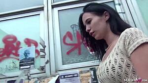 So this German scout just picks up an 18+ teen on the street. Next thing, she's getting deepthroat action outdoors for cash!