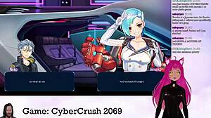 lewdneko the vtuber plays cybercrush 2069, flashing big tits in hentai game