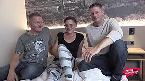 thin girl gets cornered by tattooed rockers for some fun