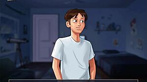 brunette in summertime saga 77 sucks big cock. she shows off her big tits and ass in hentai.