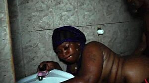 In the bathroom, my ebony girlfriend with big ass gets fucked doggystyle by her friend