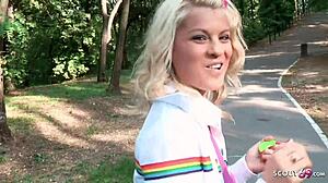 young german teen gives blowjob on playground for cash