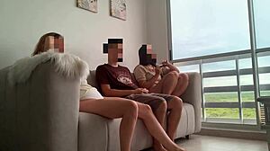 we're bored watching tv so my stepsisters masturbate me and we fuck