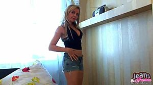 Tight Busty Blonde Sabine Strips Out of Skinny Jeans