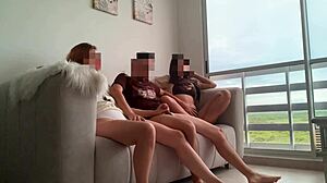 we're bored watching tv so my stepsisters masturbate me and we fuck