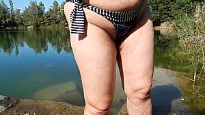 hairy wife flashes beaver outdoors as exhibitionist