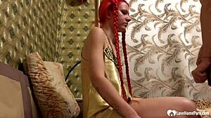 redhead stepsister pounded hard in doggy style over and over. bent over for a wild cumshot finish.