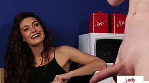 Cute babe spreads legs to help jerking guy