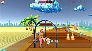 roller babe hentai game ep 2 shows outdoor bdsm. muscular guys dominate on the beach.