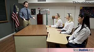 Three petite 18+ pupils offer tight pussies to lucky teacher. He can't believe his eyes with this wild uniform action! 😳